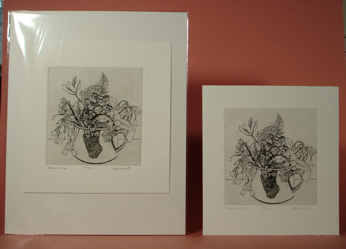 Photograph of etching, "Flowers In A Cup",  showing it matted and unmatted