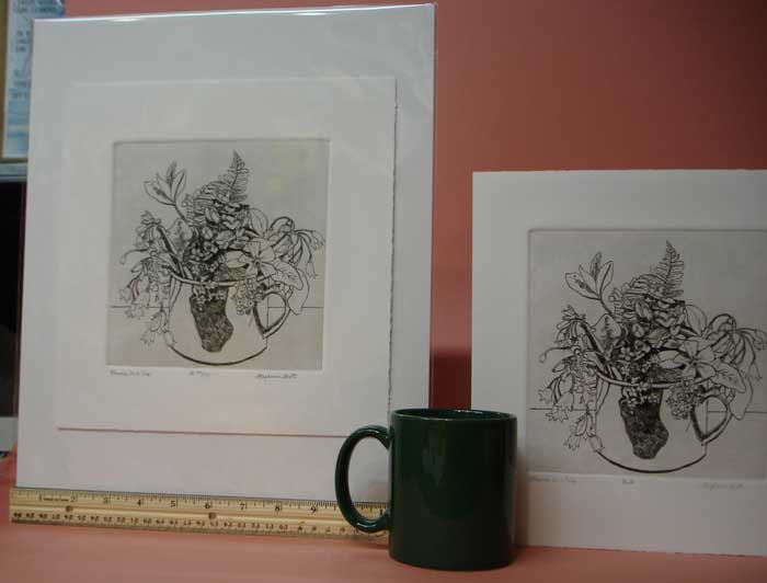 Photograph view of etching, "Flowes In A Cup," showing its size 