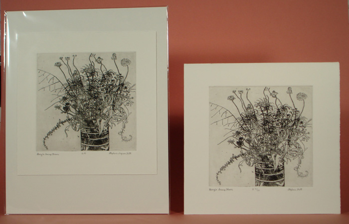 Photograph of etching, "Georgia Swamp Flowers",  showing it matted and unmatted