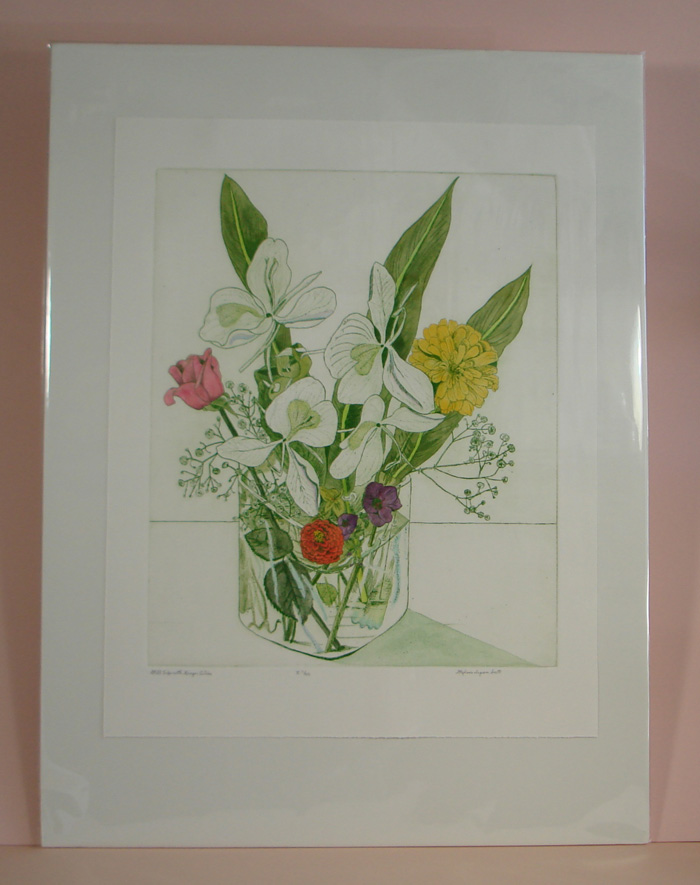 Photograph of etching, "Still Life with Ginger Lilies (Hand Painted)",  showing it matted