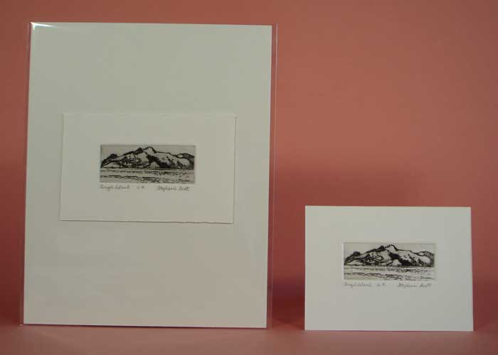 Photograph view of etching, "Angel Island", showing it matted and unmatted