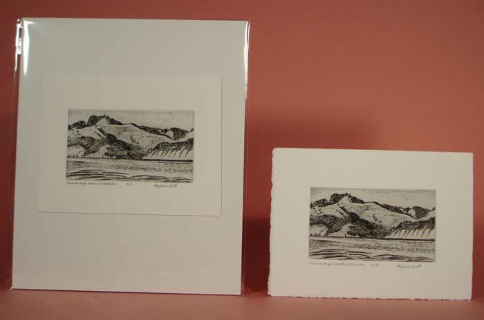 Photograph view of etching, "View of Angel Island & Belvedere", showing it matted and unmatted