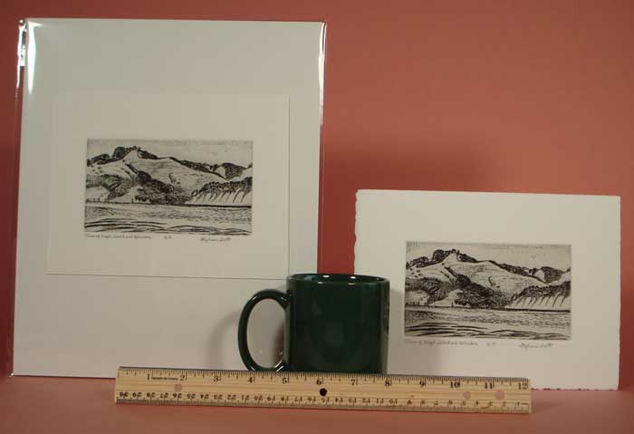 Photograph view of etching, "View of Angel Island & Belvedere", showing its size