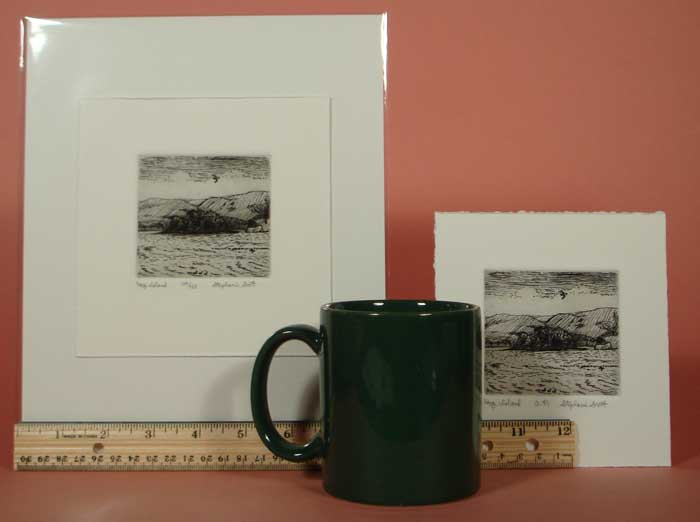 Photograph view of etching, "Hog Island", showing its size