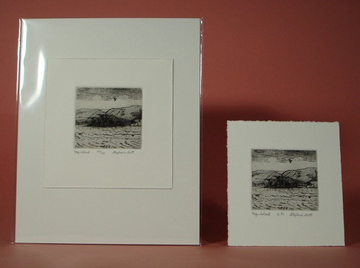 Photograph view of etching, "Hog Island", shoing it matted and unmatted