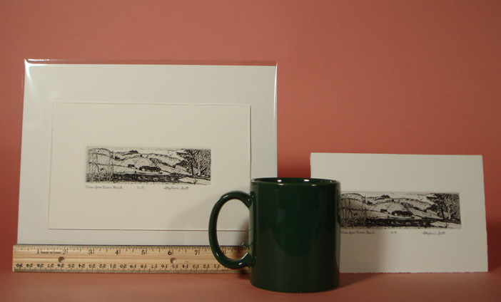 Photograph view of etching, "View from Picnic Beach" showing its size