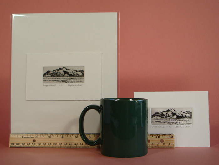 Photograph view of etching, "Angel Island", showing its size