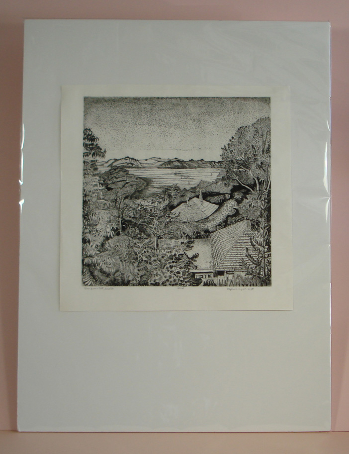 Photograph view of etching, "View from A Hill, Sausalito" showig it matted and unmatted 