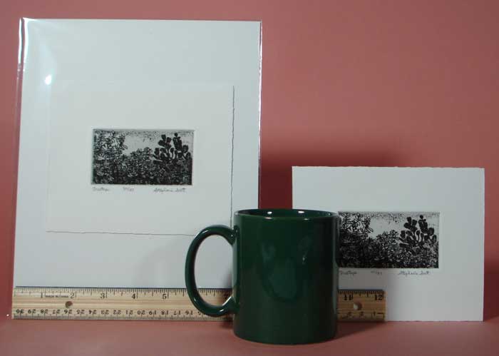 Photograph of etching, "Tree Tops", Showing its size