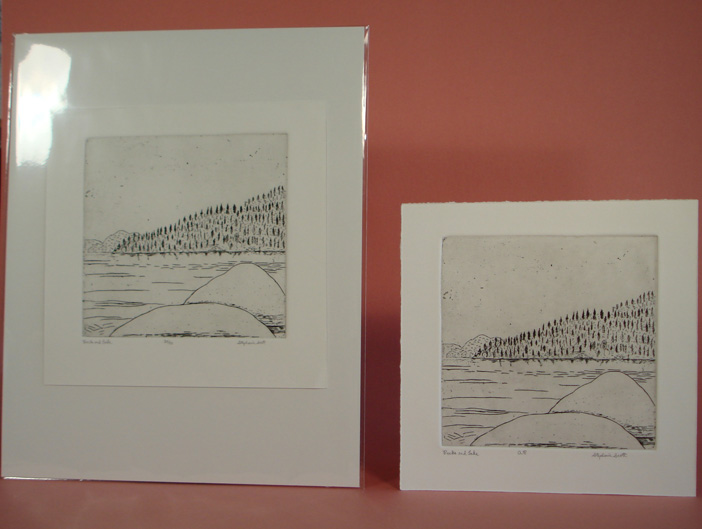 Photograph of etching, "Rocks & Lake", Showing it matted and unmatted