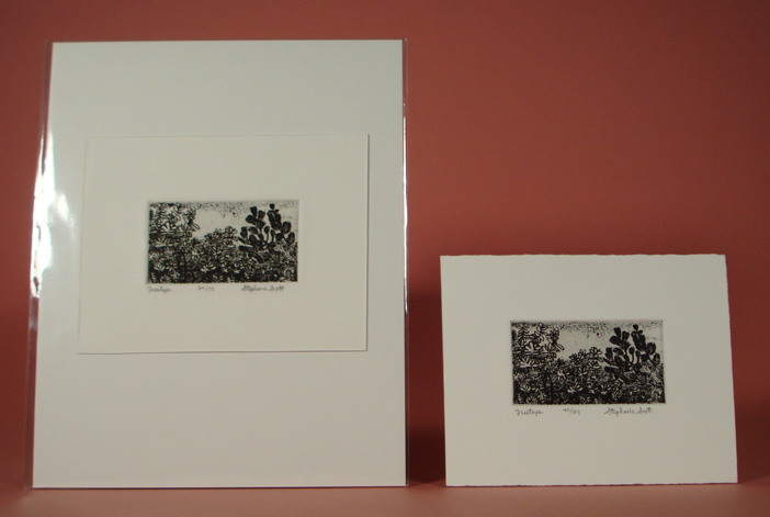 Photograph of etching, "Tree Tops", Showing it matted and unmatted