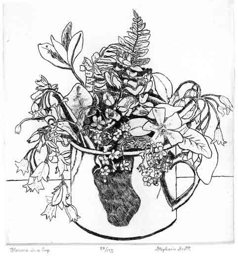 "Flowers In A Cup" Etching by Stephanie Scott, shows print of floral display
