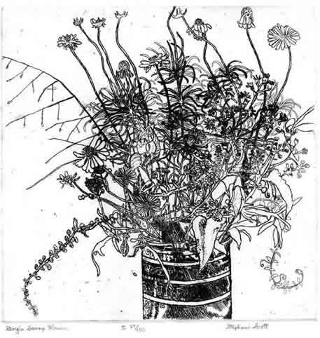 Botanial Series - Etching by Stephanie Scott, artist, Title "Georgia Swamp Flowers"