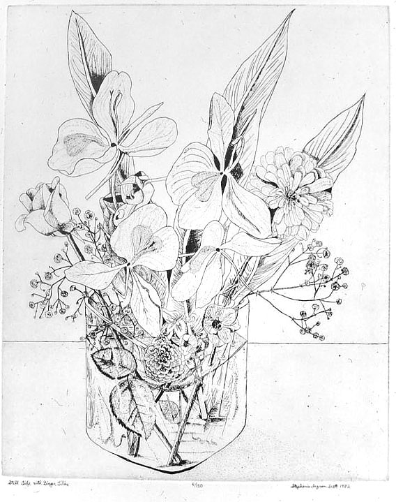 "Still Life with Ginger Lilies" Etching by Stephanie Scott, shows print of floral display