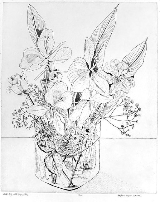 Botanial Series - Etching by Stephanie Scott, Title "Still Life with Ginger Lilies"