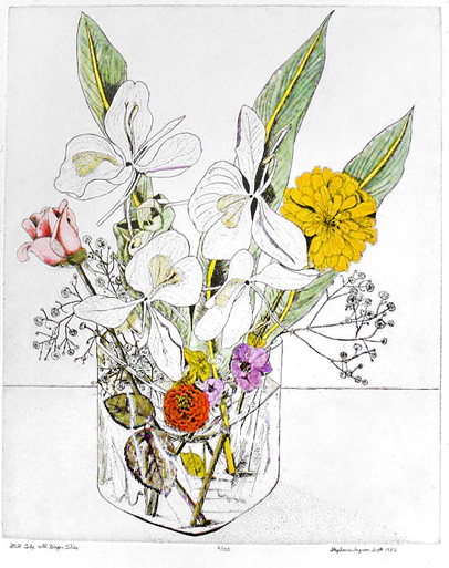 "Stil Life with Ginger Lilies (Hand Painted)" Etching by Stephanie Scott, shows print of floral display
