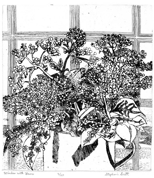 "Window with Flowers" Etching by Stephanie Scott, shows print of floral display