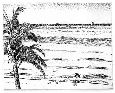 "Day at The Beach" Etching by Stephanie Scott, shows scenery of South Florida