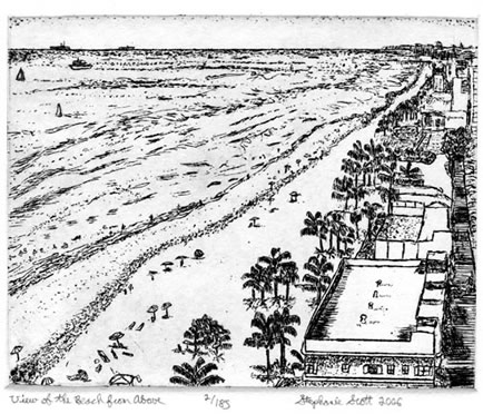 South Florida Beach Region - Landscape Etching by Stephanie Scott, etcher, Title "View of the Beach from Above"