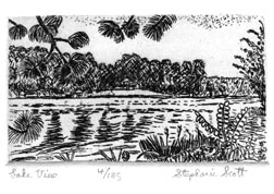 "Lake View" Etching by Stephanie Scott, shows scenery of Georgia Lake Country