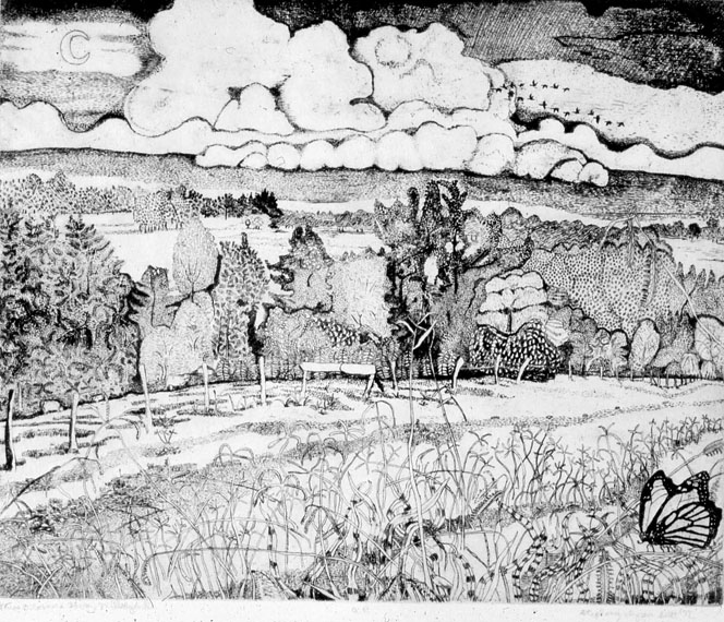"Miss O'Connor's Farm, Milledgeville" Etching by Stephanie Scott, shows scenery of Georgia Lake Country