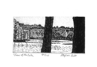 "View of The Lake" Etching by Stephanie Scott, shows scenery of Georgia Lake Country