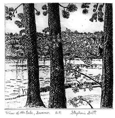 Georgia Lake Country Region - Landscape Etching by Stephanie Scott, etching artist, Title "View of the Lake, Summer"