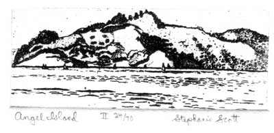 "Angel Island" Etching by Stephanie Scott, shows scenery of Northern California