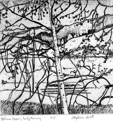 "Bolinas Lagoon, Early Morning" Etching by Stephanie Scott, shows scenery of Northern California