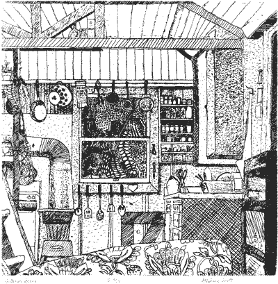"Interior Scene" Etching by Stephanie Scott, shows scenery of Northern California