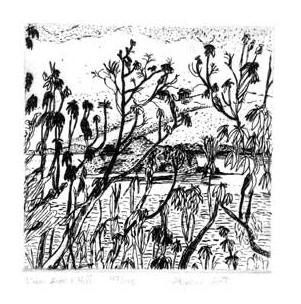 "View from A Hill" Etching by Stephanie Scott, shows scenery of Northern California