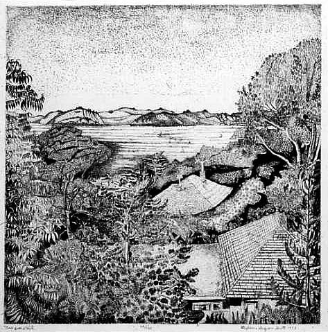 Northern California Region - Landscape Etching by Stephanie Scott, Title "View from a Hill, Sausalito"