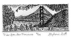 "View from San Francisco" Etching by Stephanie Scott, shows scenery of Northern California