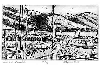 "View from Sausalito" Etching by Stephanie Scott, shows scenery of Northern California