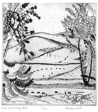 "View from Valley Ford" Etching by Stephanie Scott, shows scenery of Northern California