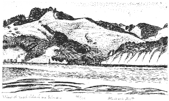"View of Angel Island & Belvedere" Etching by Stephanie Scott, shows scenery of Northern California