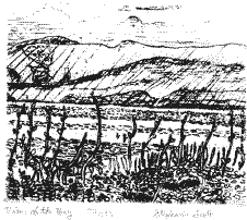 "View of The Bay" Etching by Stephanie Scott, shows scenery of Northern California