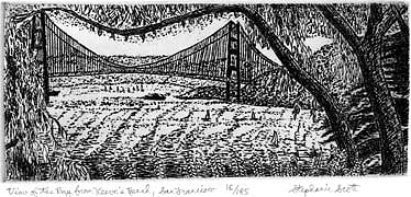 "View of The Bay from Keeve's Bench" Etching by Stephanie Scott, shows scenery of Northern California